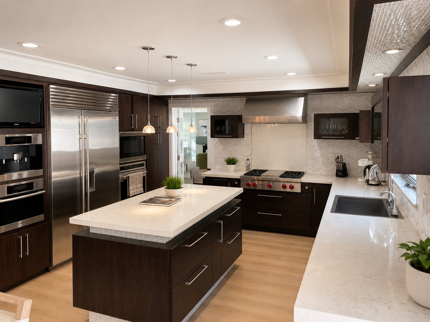 Electra Overlook — chef's kitchen island with a professional range and double ovens