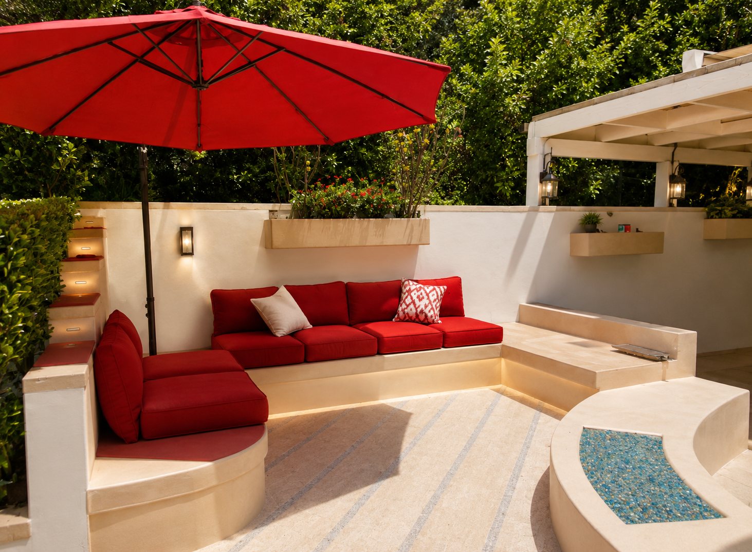 Electra Overlook — sunken outdoor lounge with a red sectional and built-in seating
